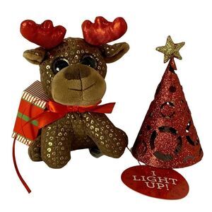 Christmas Decorations Tabletop Glitter Tree Lights Up Large Plush Reindeer NEW